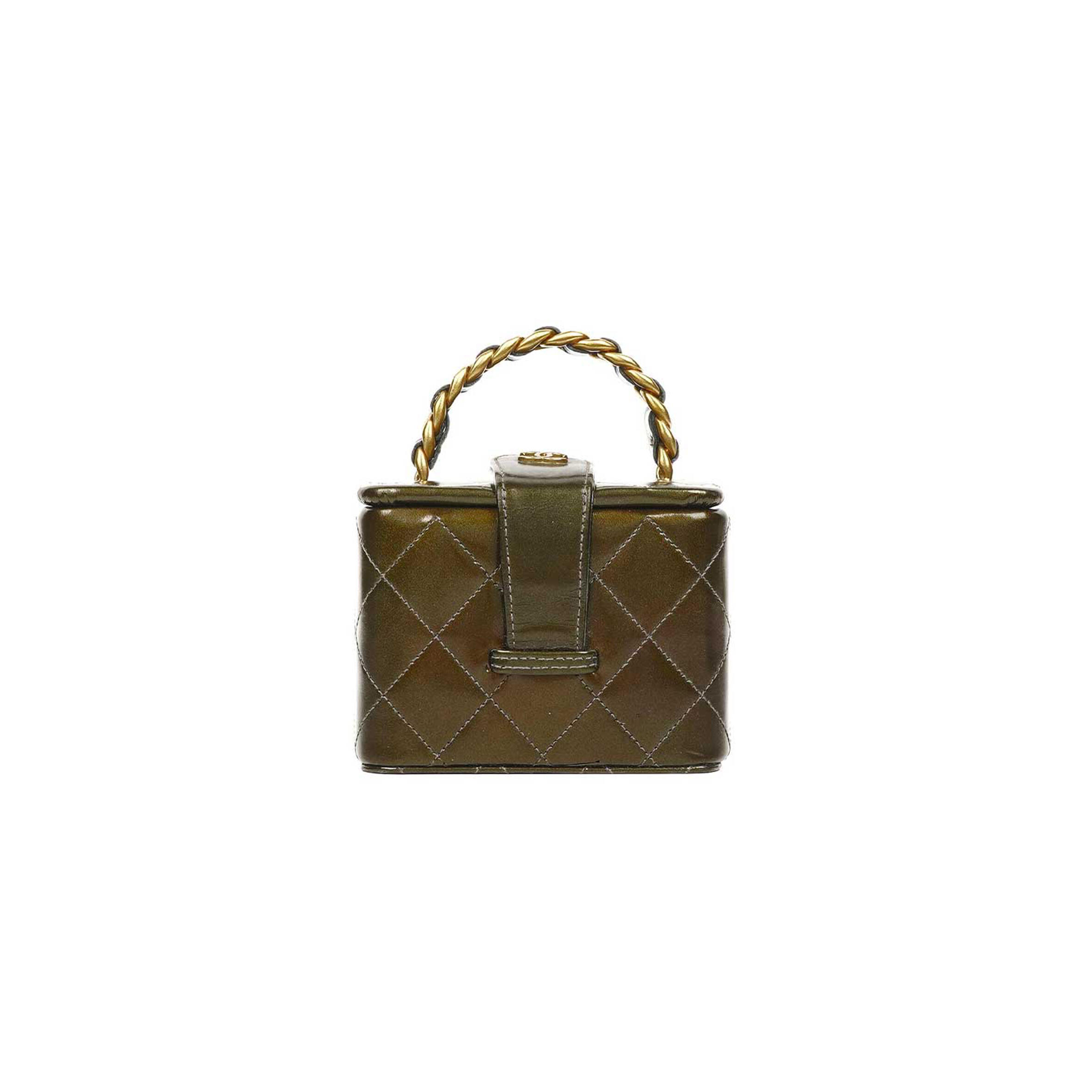 CHANEL MINI CC VANITY CASE OLIVE GREEN IRIDESCENT QUILTED PATENT LEATHER A2227 (11*9.5*8.5cm)